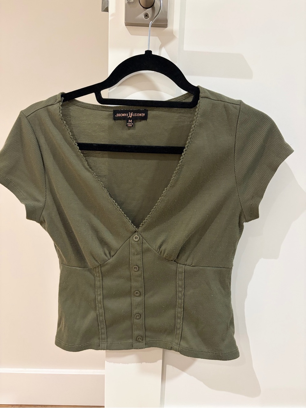 Almost Famous Olive Green Button-Front V-Neck Crop Top